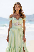 Load image into Gallery viewer, Green A Line Off the Shoulder Long Formal Dress with Slit
