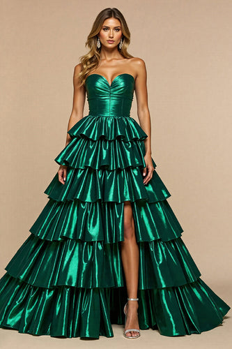 Dark Green A Line Satin Tiered Long Formal Dress with Slit