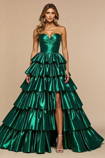 Dark Green A Line Satin Tiered Long Formal Dress with Slit