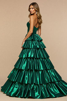 Dark Green A Line Satin Tiered Long Formal Dress with Slit