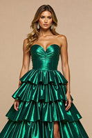 Load image into Gallery viewer, Dark Green A Line Satin Tiered Long Formal Dress with Slit