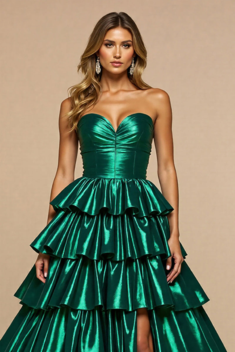 Load image into Gallery viewer, Dark Green A Line Satin Tiered Long Formal Dress with Slit