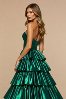 Load image into Gallery viewer, Dark Green A Line Satin Tiered Long Formal Dress with Slit