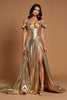 Load image into Gallery viewer, Golden A Line Metallic Ruched Long Formal Dress with Slit