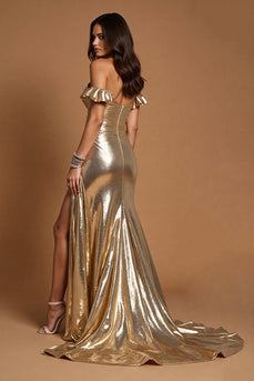 Golden A Line Metallic Ruched Long Formal Dress with Slit