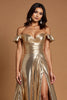 Load image into Gallery viewer, Golden A Line Metallic Ruched Long Formal Dress with Slit