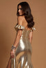 Load image into Gallery viewer, Golden A Line Metallic Ruched Long Formal Dress with Slit