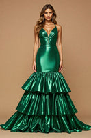 Load image into Gallery viewer, Dark Green Satin Mermaid Ruffled Long Formal Dress