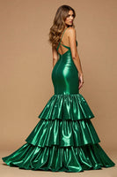 Load image into Gallery viewer, Dark Green Satin Mermaid Ruffled Long Formal Dress