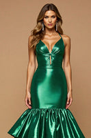 Load image into Gallery viewer, Dark Green Satin Mermaid Ruffled Long Formal Dress
