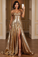 Load image into Gallery viewer, Golden A Line Metallic Long Formal Dress with Slit