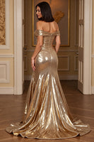 Load image into Gallery viewer, Golden A Line Metallic Long Formal Dress with Slit