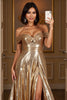Load image into Gallery viewer, Golden A Line Metallic Long Formal Dress with Slit