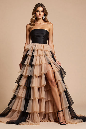 Black and Pink Tulle Ruffled A Line Long Formal Dress with Slit