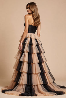 Black and Pink Tulle Ruffled A Line Long Formal Dress with Slit