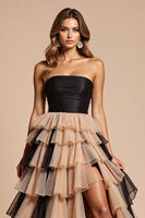 Load image into Gallery viewer, Black and Pink Tulle Ruffled A Line Long Formal Dress with Slit