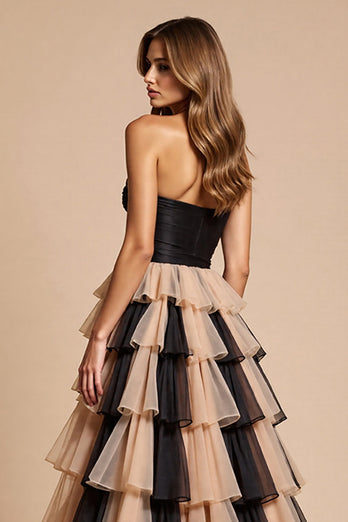 Black and Pink Tulle Ruffled A Line Long Formal Dress with Slit