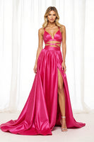 Load image into Gallery viewer, Fuchsia Satin A Line Long Formal Dress with Slit
