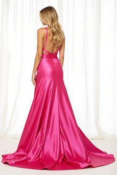 Fuchsia Satin A Line Long Formal Dress with Slit
