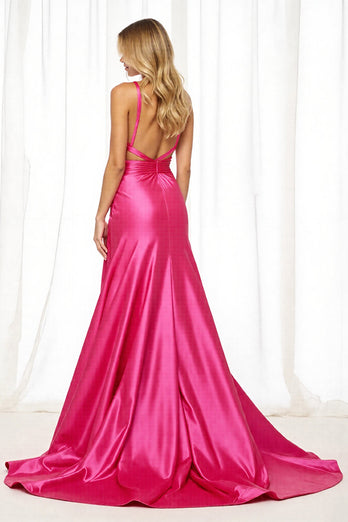 Fuchsia Satin A Line Long Formal Dress with Slit