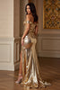 Load image into Gallery viewer, Golden Metallic Sheath Off the Shoulder Long Formal Dress with Slit