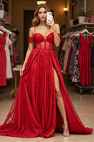 Load image into Gallery viewer, Red A Line Corset Long Lace Formal Dress with Slit