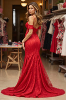 Load image into Gallery viewer, Red A Line Corset Long Lace Formal Dress with Slit