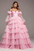 Load image into Gallery viewer, Pink Floral Tulle Princess Tiered Long Formal Dress with Sleeves