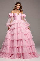 Load image into Gallery viewer, Pink Floral Tulle Princess Tiered Long Formal Dress with Sleeves