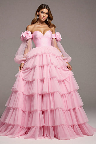 Pink Floral Tulle Princess Tiered Long Formal Dress with Sleeves