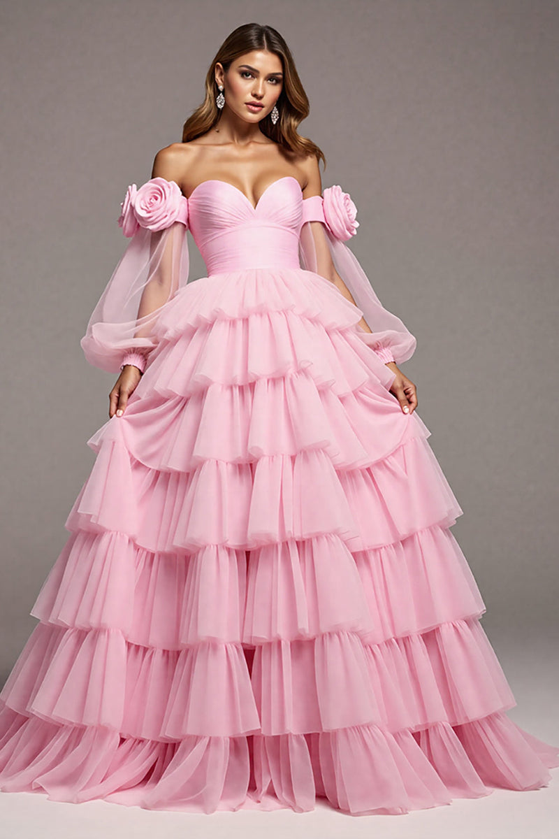 Load image into Gallery viewer, Pink Floral Tulle Princess Tiered Long Formal Dress with Sleeves