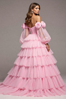 Pink Floral Tulle Princess Tiered Long Formal Dress with Sleeves