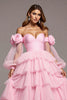 Load image into Gallery viewer, Pink Floral Tulle Princess Tiered Long Formal Dress with Sleeves