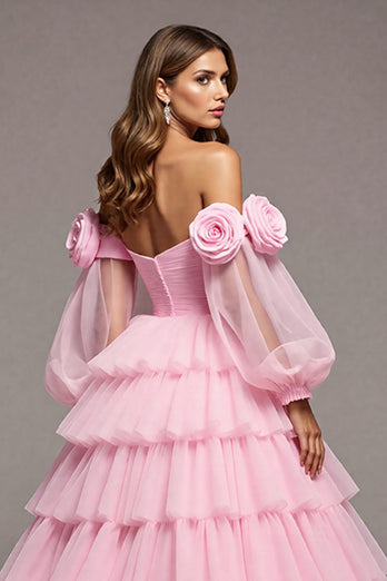 Pink Floral Tulle Princess Tiered Long Formal Dress with Sleeves