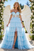 Load image into Gallery viewer, Blue A Line Tulle Tiered Long Corset Formal Dress with Appliques
