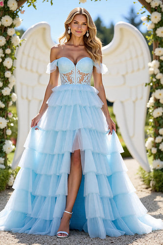 Blue A Line Tulle Tiered Long Corset Formal Dress with Appliques