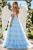 Load image into Gallery viewer, Blue A Line Tulle Tiered Long Corset Formal Dress with Appliques