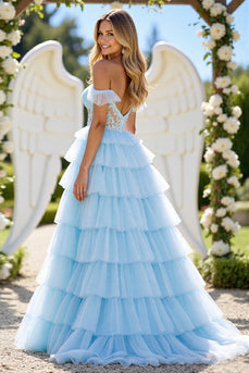 Blue A Line Tulle Tiered Long Corset Formal Dress with Appliques