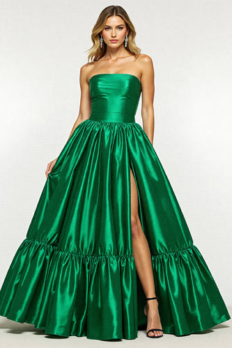 Dark Green A Line Strapless Long Satin Formal Dress with Slit