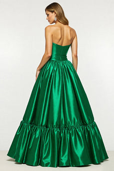 Dark Green A Line Strapless Long Satin Formal Dress with Slit