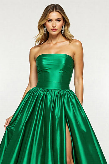 Dark Green A Line Strapless Long Satin Formal Dress with Slit