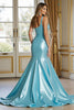 Load image into Gallery viewer, Blue Satin Mermaid Ruched Long Formal Dress with Slit