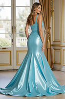 Load image into Gallery viewer, Blue Satin Mermaid Ruched Long Formal Dress with Slit