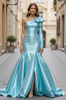Load image into Gallery viewer, Blue Satin Mermaid One Shoulder Long Formal Dress with Slit