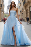 Load image into Gallery viewer, Simple Blue Tulle A Line Strapless Long Formal Dress with Slit