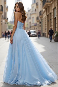 Simple Blue Tulle A Line Strapless Long Formal Dress with Slit