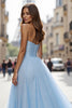 Load image into Gallery viewer, Simple Blue Tulle A Line Strapless Long Formal Dress with Slit