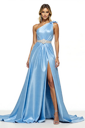 Blue One Shoulder Satin A Line Long Formal Dress with Slit