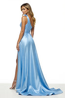 Load image into Gallery viewer, Blue One Shoulder Satin A Line Long Formal Dress with Slit