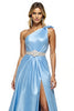 Load image into Gallery viewer, Blue One Shoulder Satin A Line Long Formal Dress with Slit